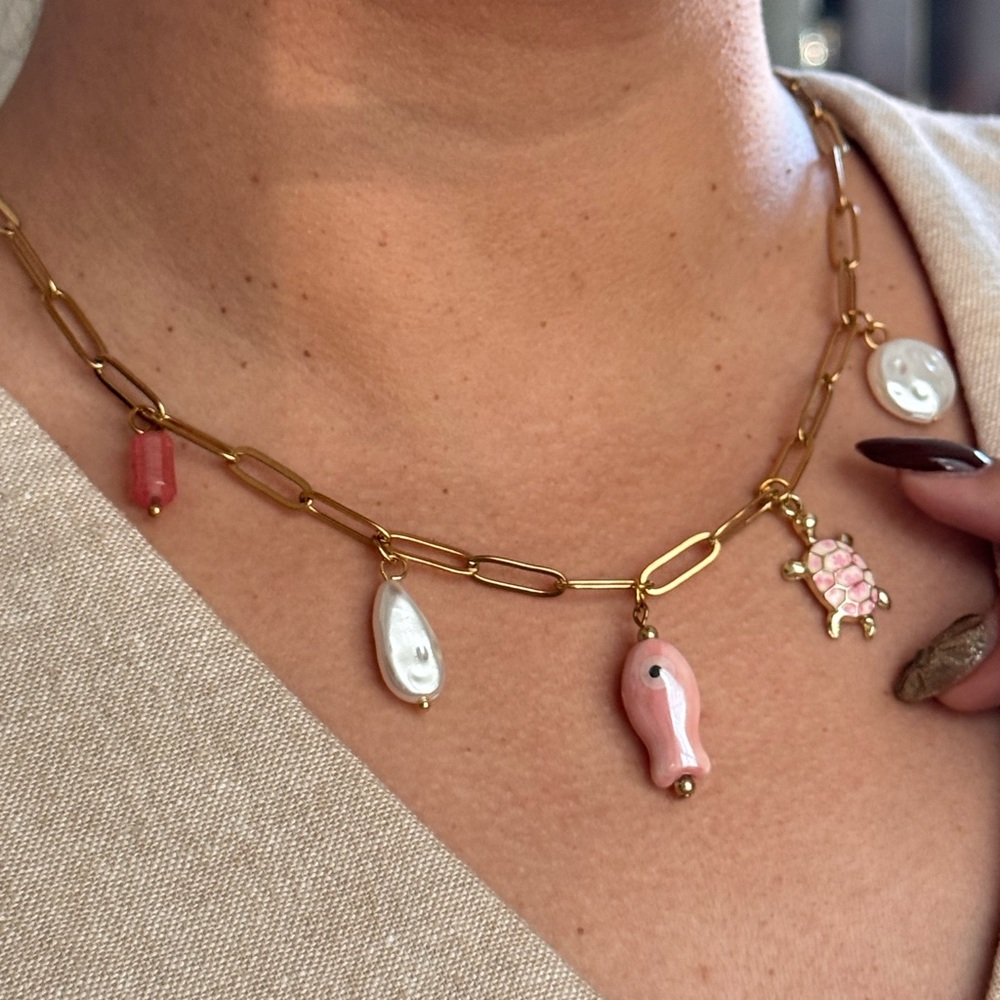 Gold and Pink Charm Necklace